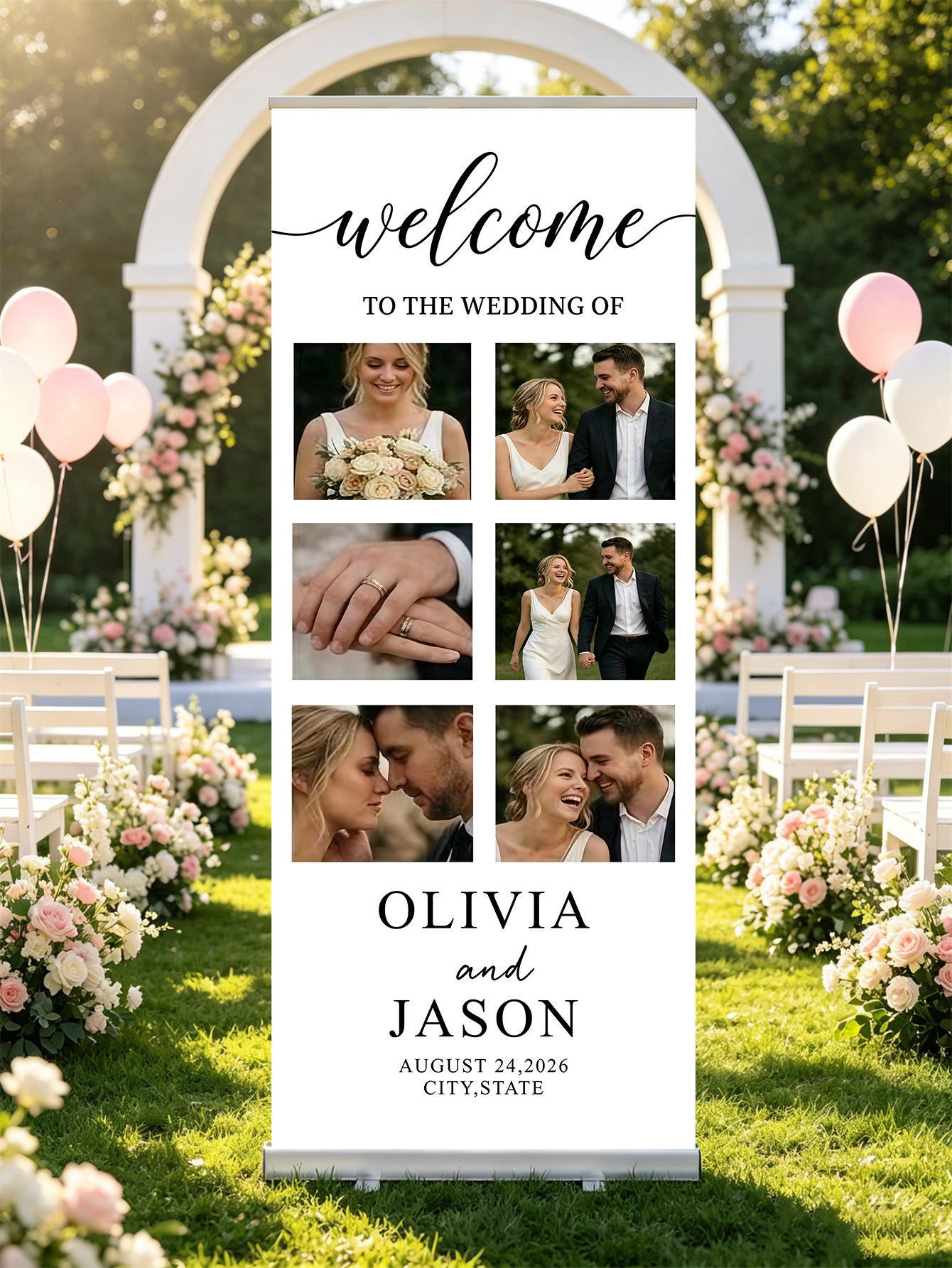 Customized wedding retractable banners - personalized photo wedding welcome signs, reception decorations and background curtains